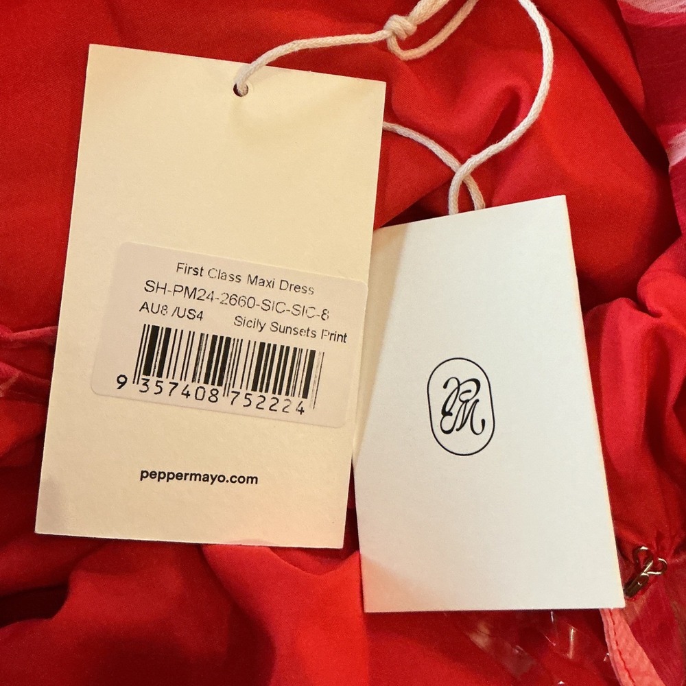 Peppermayo First Class Maxi Dress Sicily Sunsets Red Pink Size 4 New With Tags - Picture 10 of 10